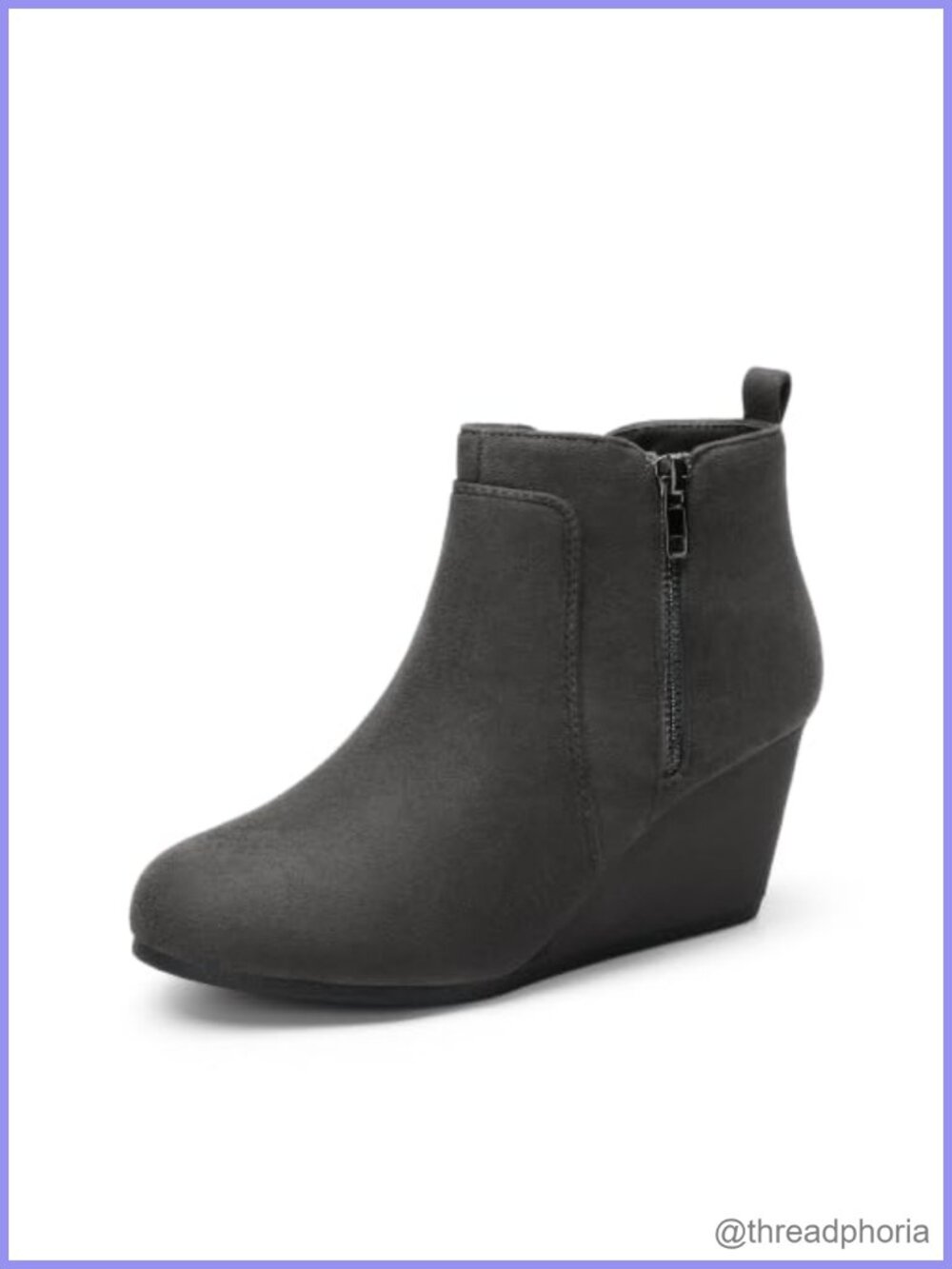 Suede Low Wedge Ankle Boots with Side Zipper & Pull Tab